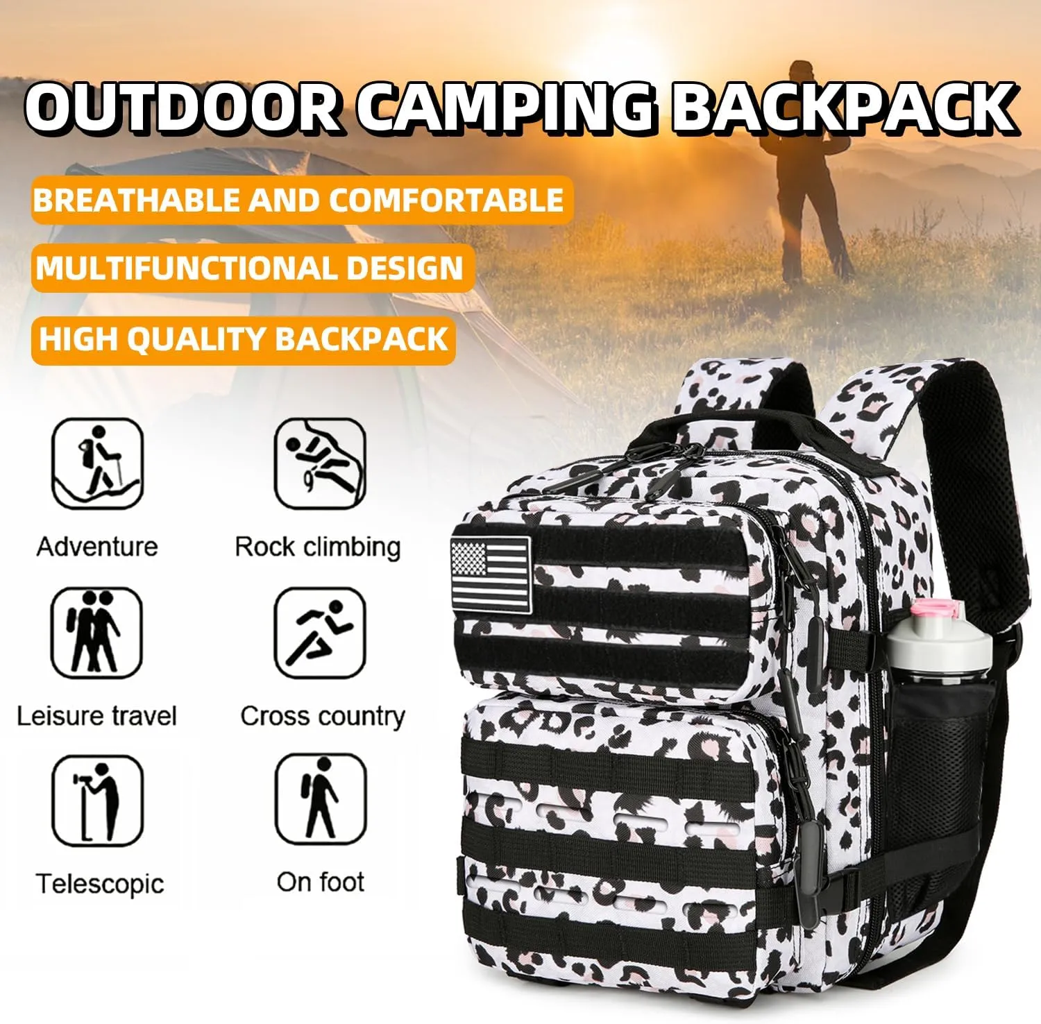 9L Mini Tactical Backpack 9L Assault Pack 9L Tactical Backpack Hiking Fitness Backpack（White Leopard）