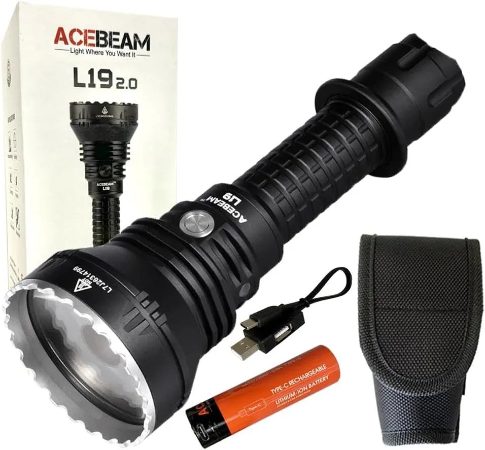 Acebeam L19 2.0 Long Range Flashlight SFT40 Hi 6500k White Led -Throw 1083M 2,200 lumens w/Battery, Holster and Eco Sensa USB C charging cable included., acebeam-l19-20-white
