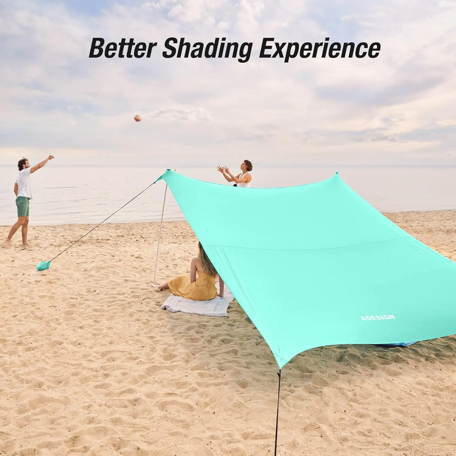 ADesign Windproof Beach Tent Sun Shelter with 8 Sandbags, Wind Resistant Large Family Beach Canopy with Sand Shovel, UPF50 , 6.5 FT Tall, Easy Setup Sun Shade for Beach Vacation