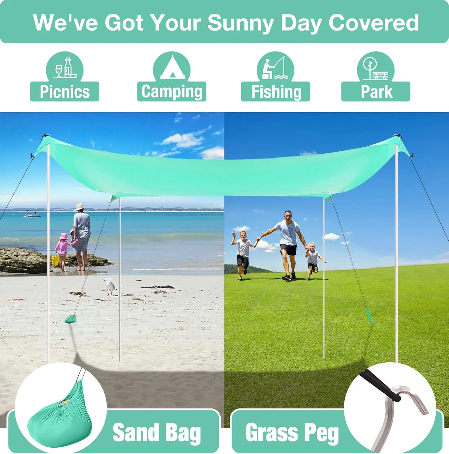 ADesign Windproof Beach Tent Sun Shelter with 8 Sandbags, Wind Resistant Large Family Beach Canopy with Sand Shovel, UPF50 , 6.5 FT Tall, Easy Setup Sun Shade for Beach Vacation