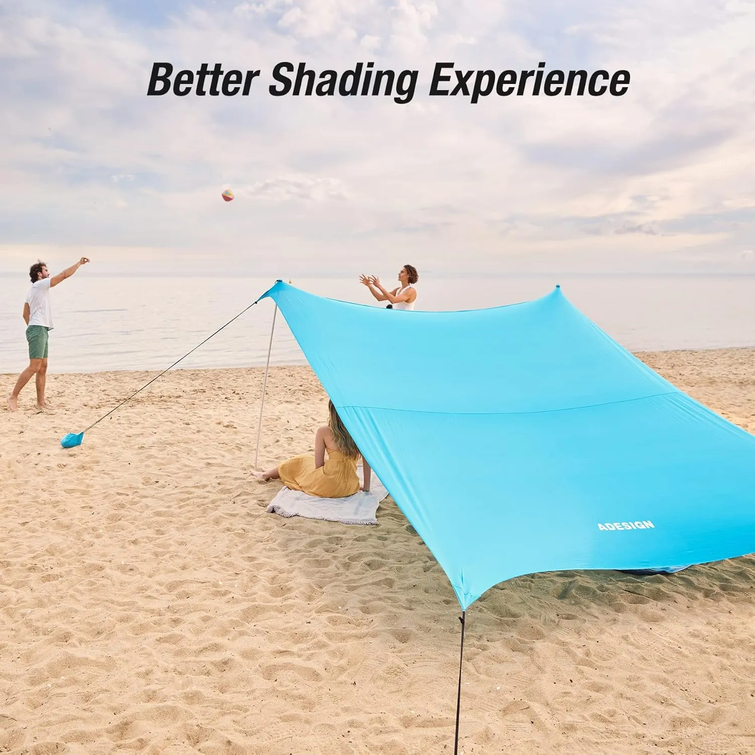 ADesign Windproof Beach Tent Sun Shelter with 8 Sandbags, Wind Resistant Large Family Beach Canopy with Sand Shovel, UPF50 , 6.5 FT Tall, Easy Setup Sun Shade for Beach Vacation