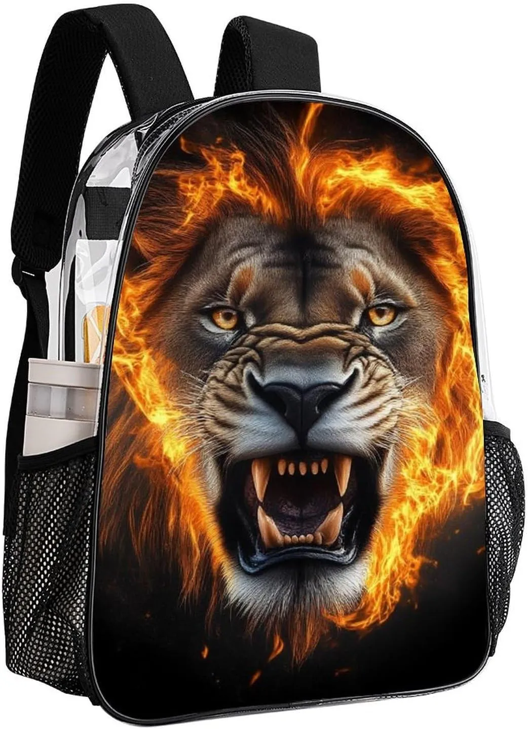 Adults Lightweight Cool Flame Lion Fire Art Rucksacks Large Capacity Bookbag Transparent Bag for Trekking Outdoors Bicycle