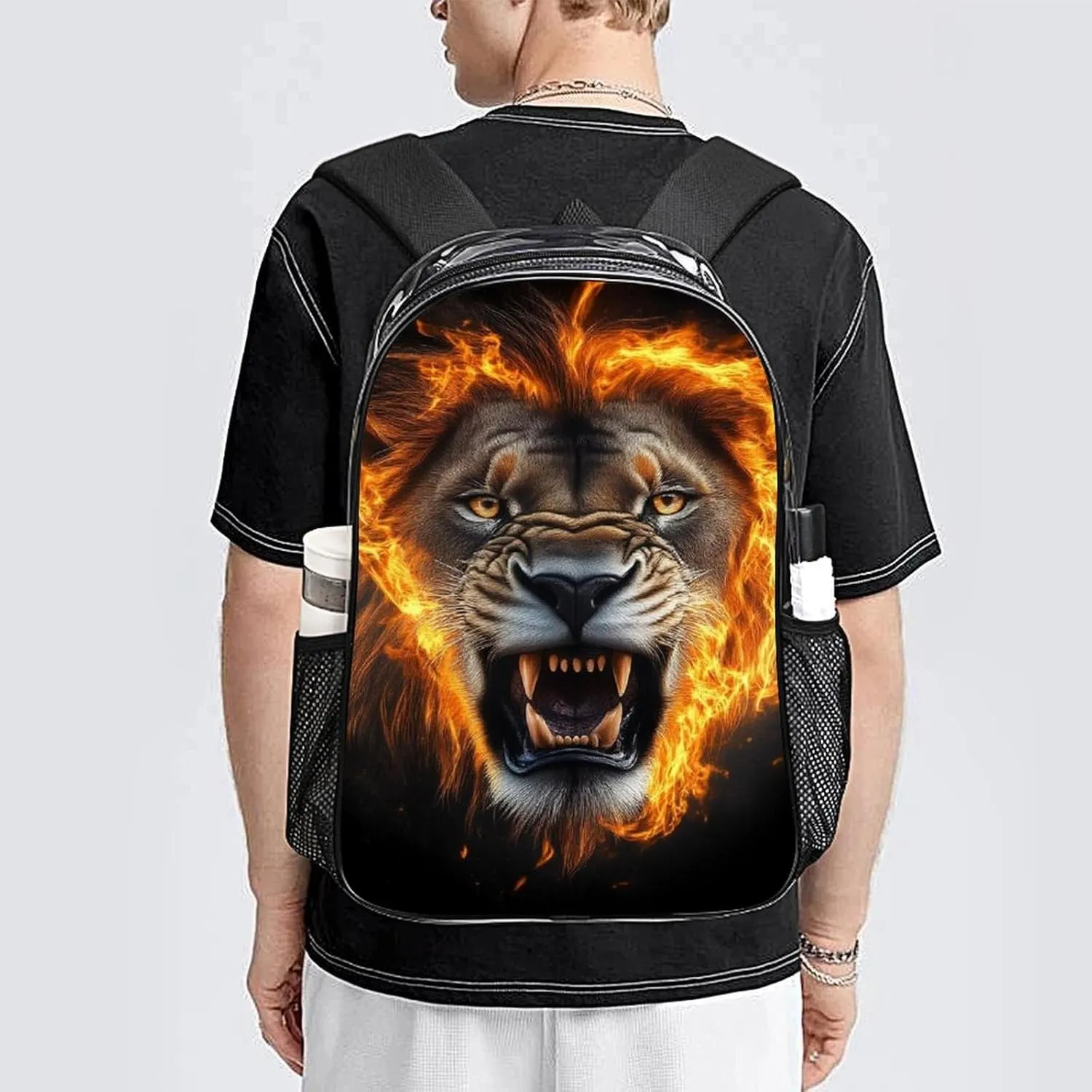 Adults Lightweight Cool Flame Lion Fire Art Rucksacks Large Capacity Bookbag Transparent Bag for Trekking Outdoors Bicycle