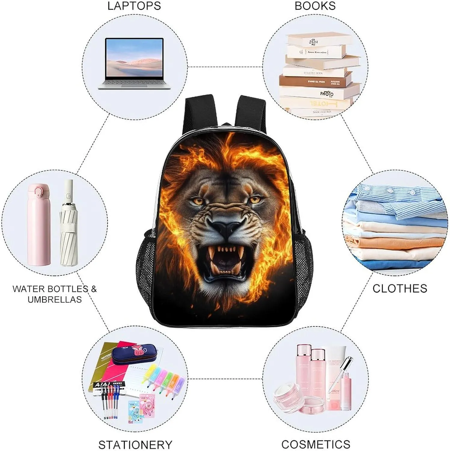 Adults Lightweight Cool Flame Lion Fire Art Rucksacks Large Capacity Bookbag Transparent Bag for Trekking Outdoors Bicycle