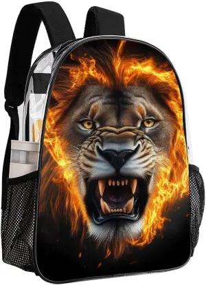 Adults Lightweight Cool Flame Lion Fire Art Rucksacks Large Capacity Bookbag Transparent Bag for Trekking Outdoors Bicycle