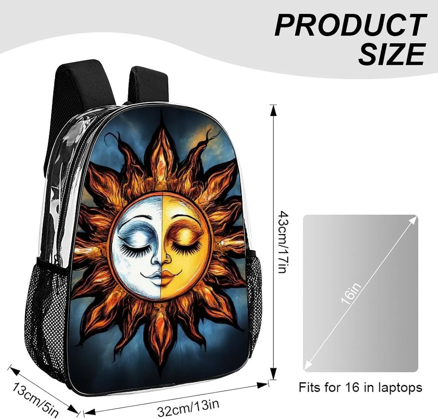Adults Lightweight Sun And Moon Space Art Rucksacks Large Capacity Bookbag Transparent Bag for Trekking Outdoors Bicycle