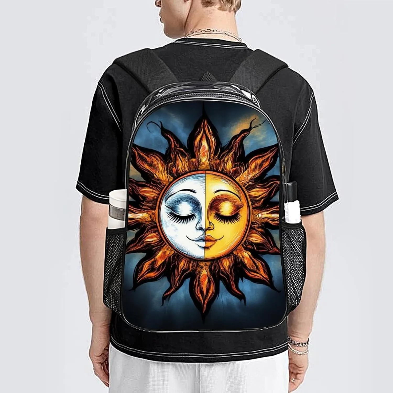 Adults Lightweight Sun And Moon Space Art Rucksacks Large Capacity Bookbag Transparent Bag for Trekking Outdoors Bicycle