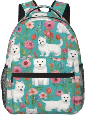 Adults Lightweight White Cat Floral Art Rucksacks Large Capacity Bookbag With Adjustable Shoulder Straps for Trekking Outdoors Bicycle