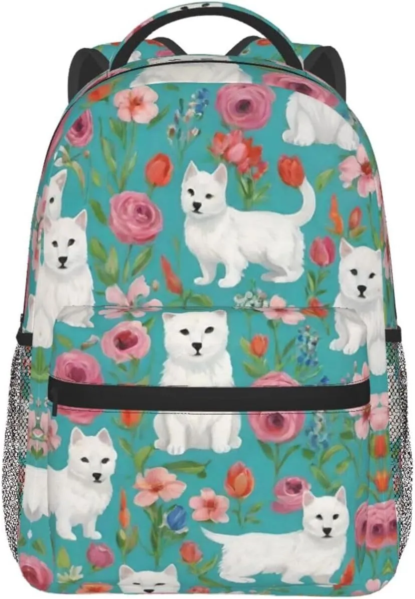 Adults Lightweight White Cat Floral Art Rucksacks Large Capacity Bookbag With Adjustable Shoulder Straps for Trekking Outdoors Bicycle