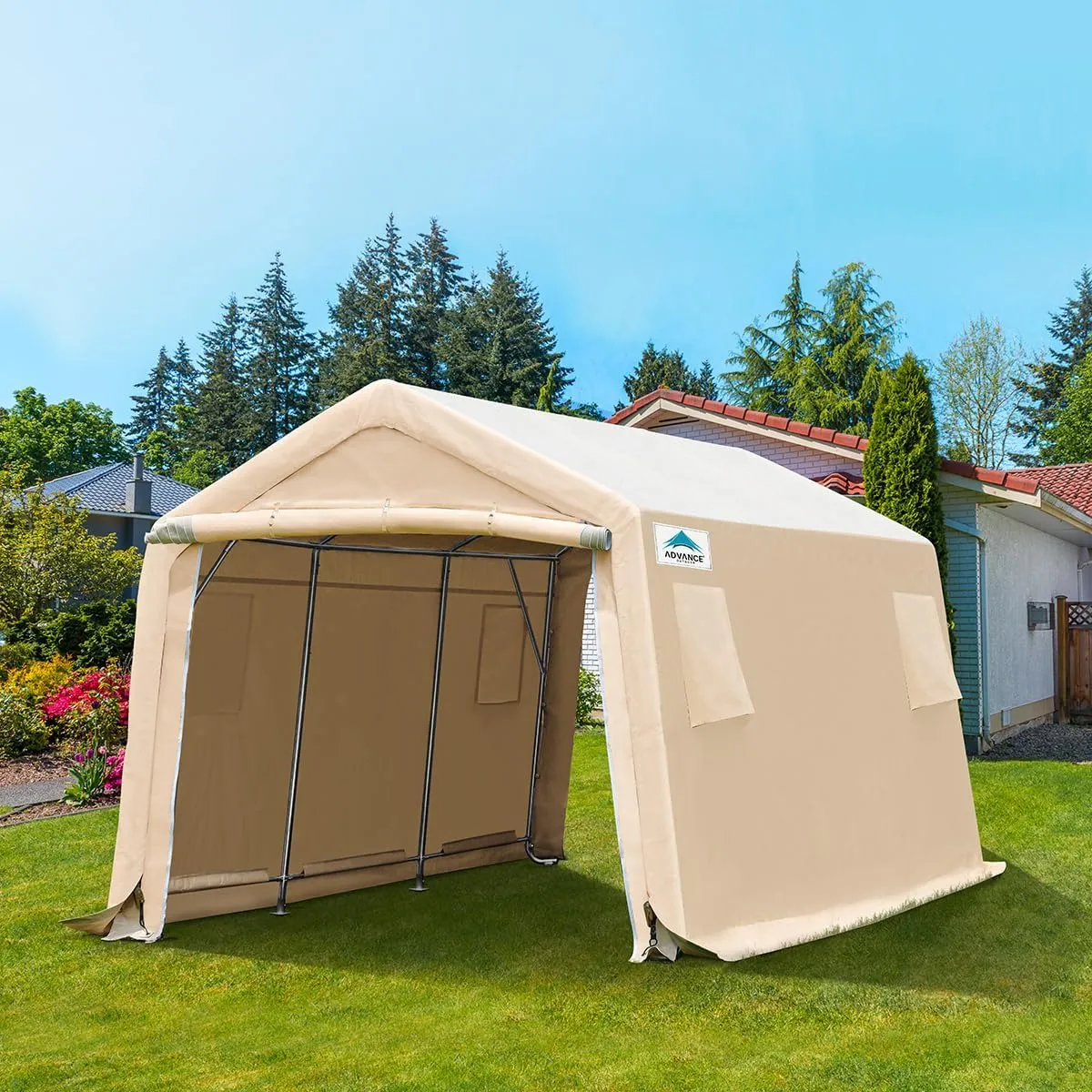 ADVANCE OUTDOOR 10x15 ft Shelter Storage Shed Steel Metal Peak Roof Portable Garage Carports for Motorcycle, Boat or Garden Tools with 2 Roll up Doors & Vents, Beige