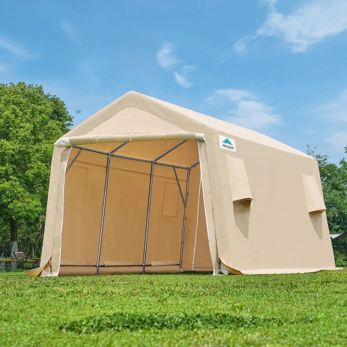ADVANCE OUTDOOR 10x15 ft Shelter Storage Shed Steel Metal Peak Roof Portable Garage Carports for Motorcycle, Boat or Garden Tools with 2 Roll up Doors & Vents, Beige
