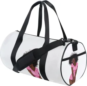African American Black Woman Pink Dress Brown Afro Hairstyle Duffel Bag, Foldable Canvas Travel Tote for Gym Sports with Inner Pockets, Durable Lightweight Fitness Bag for Overnight Workout