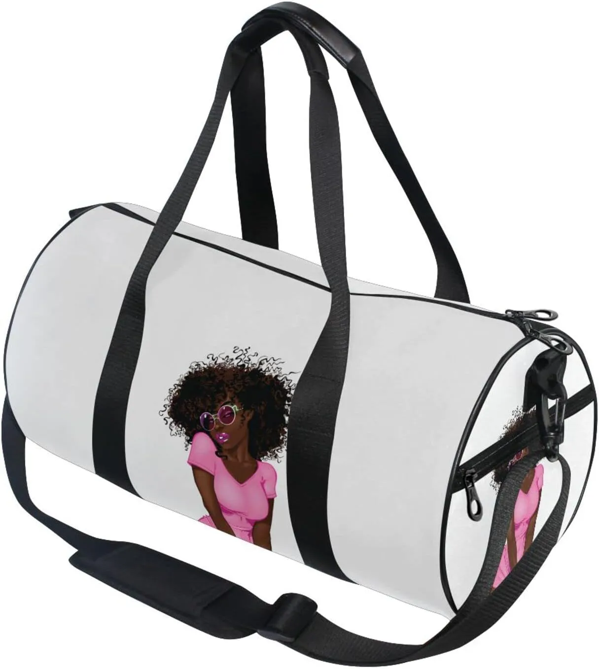 African American Black Woman Pink Dress Brown Afro Hairstyle Duffel Bag, Foldable Canvas Travel Tote for Gym Sports with Inner Pockets, Durable Lightweight Fitness Bag for Overnight Workout