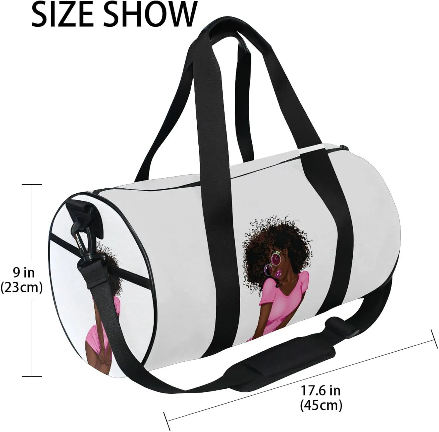 African American Black Woman Pink Dress Brown Afro Hairstyle Duffel Bag, Foldable Canvas Travel Tote for Gym Sports with Inner Pockets, Durable Lightweight Fitness Bag for Overnight Workout