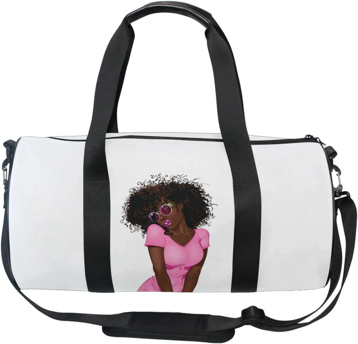 African American Black Woman Pink Dress Brown Afro Hairstyle Duffel Bag, Foldable Canvas Travel Tote for Gym Sports with Inner Pockets, Durable Lightweight Fitness Bag for Overnight Workout