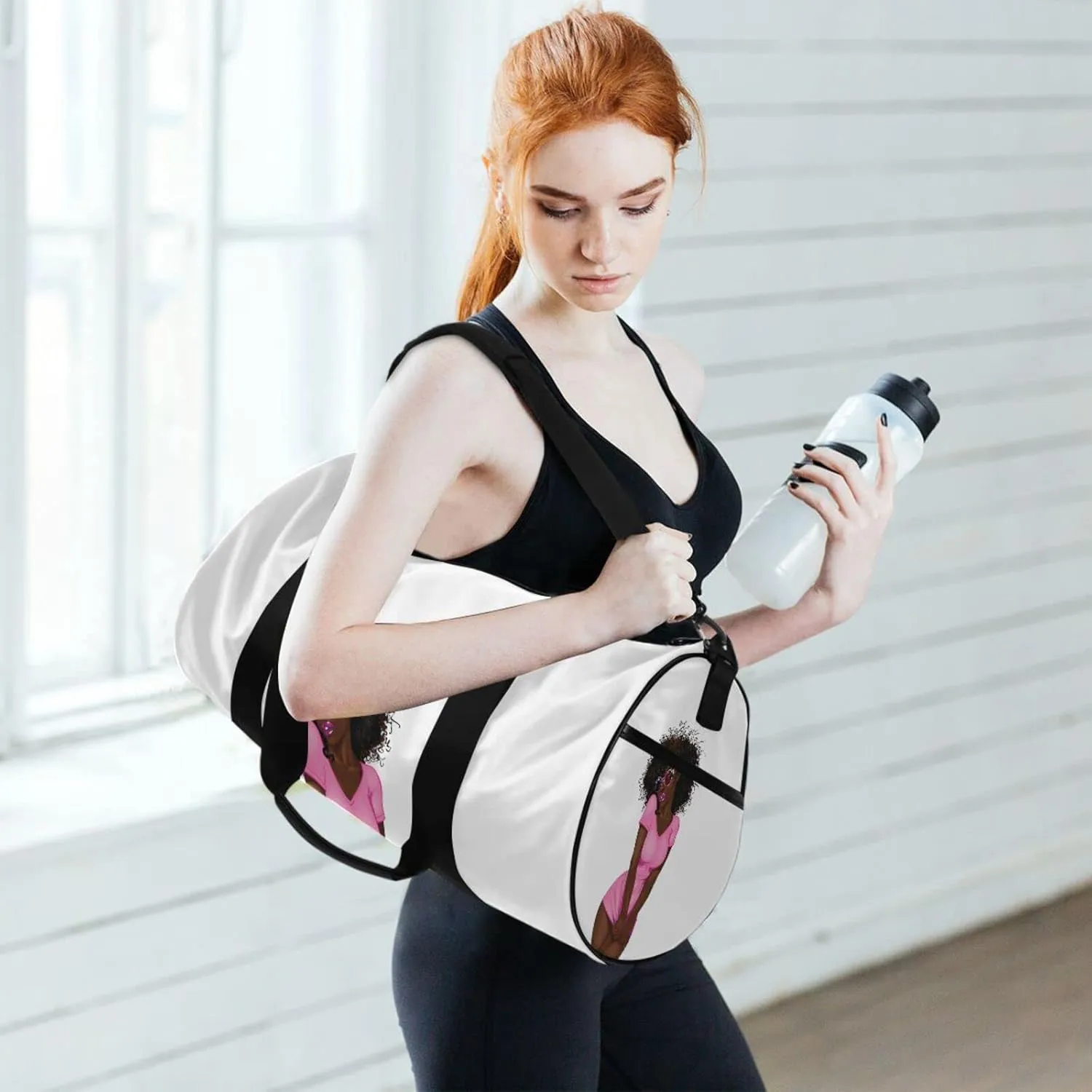 African American Black Woman Pink Dress Brown Afro Hairstyle Duffel Bag, Foldable Canvas Travel Tote for Gym Sports with Inner Pockets, Durable Lightweight Fitness Bag for Overnight Workout