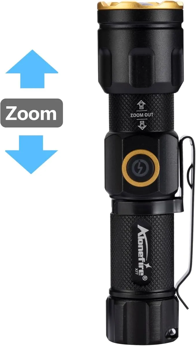 ALONEFIRE X77 LED Mini Flashlight High Lumens USB C Rechargeable Zoom Small Flashlight Bright Lightweight Pocket Size Long Range with 5 Light Modes Magnetic with Clip, Rechargeable Battery for EDC