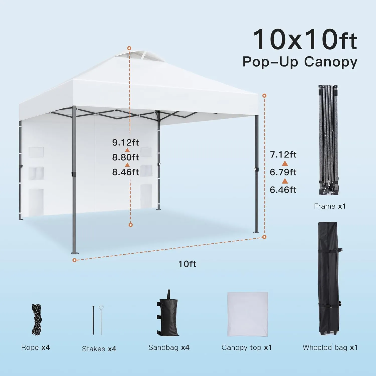Amada 10x10 Pop Up Canopy with Sidewalls, Beach Tent with Wheel Cover Bag, Easy Outdoor Sun Shade for Events, Parties, Camping, Gazebo with 1-Button Push,White