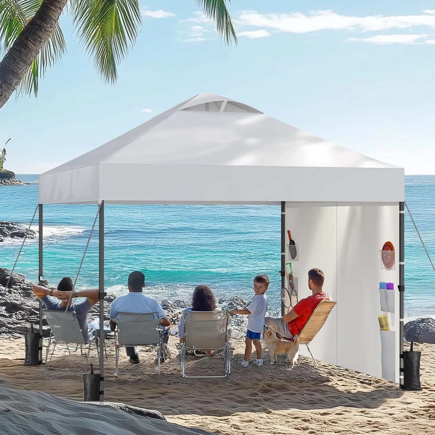 Amada 10x10 Pop Up Canopy with Sidewalls, Beach Tent with Wheel Cover Bag, Easy Outdoor Sun Shade for Events, Parties, Camping, Gazebo with 1-Button Push,White
