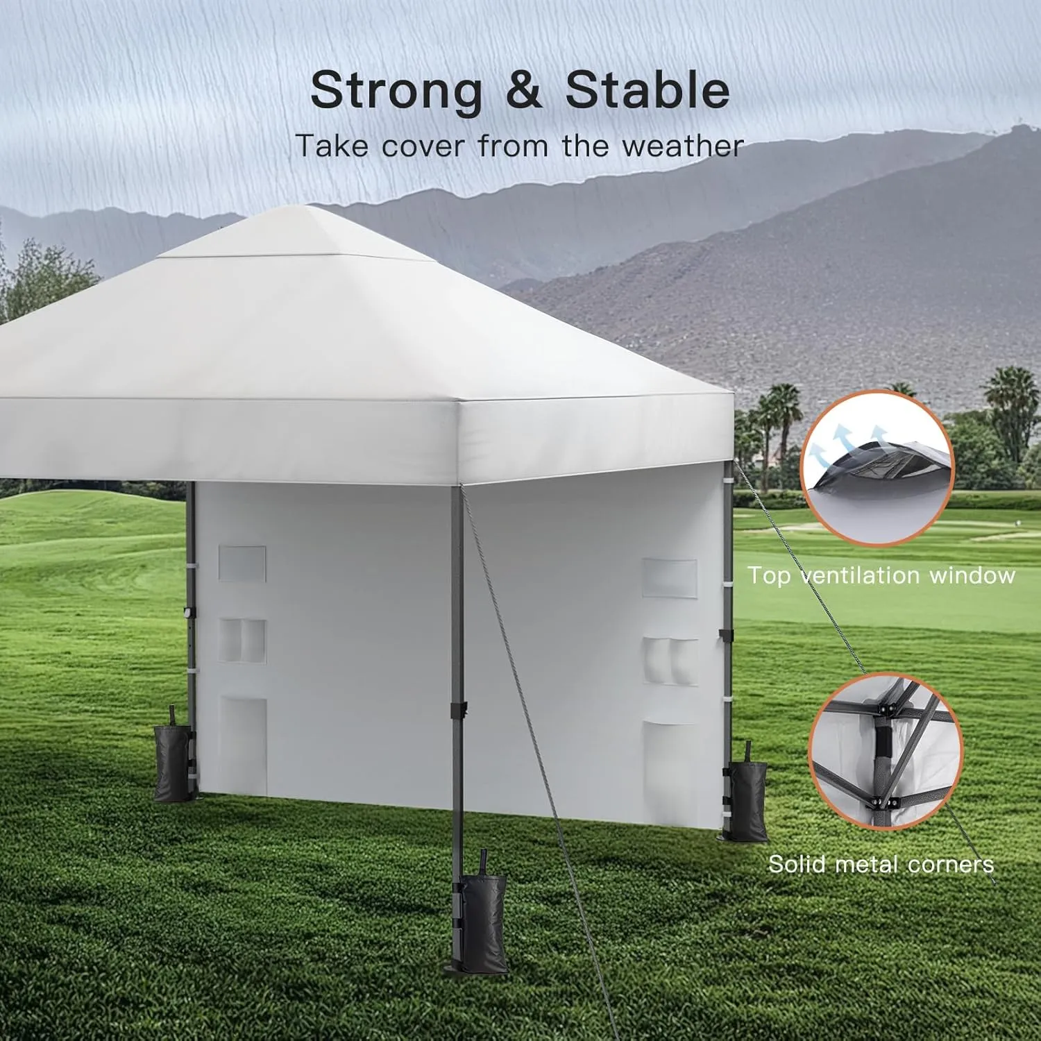 Amada 10x10 Pop Up Canopy with Sidewalls, Beach Tent with Wheel Cover Bag, Easy Outdoor Sun Shade for Events, Parties, Camping, Gazebo with 1-Button Push,White