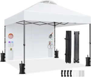 Amada 10x10 Pop Up Canopy with Sidewalls, Beach Tent with Wheel Cover Bag, Easy Outdoor Sun Shade for Events, Parties, Camping, Gazebo with 1-Button Push,White