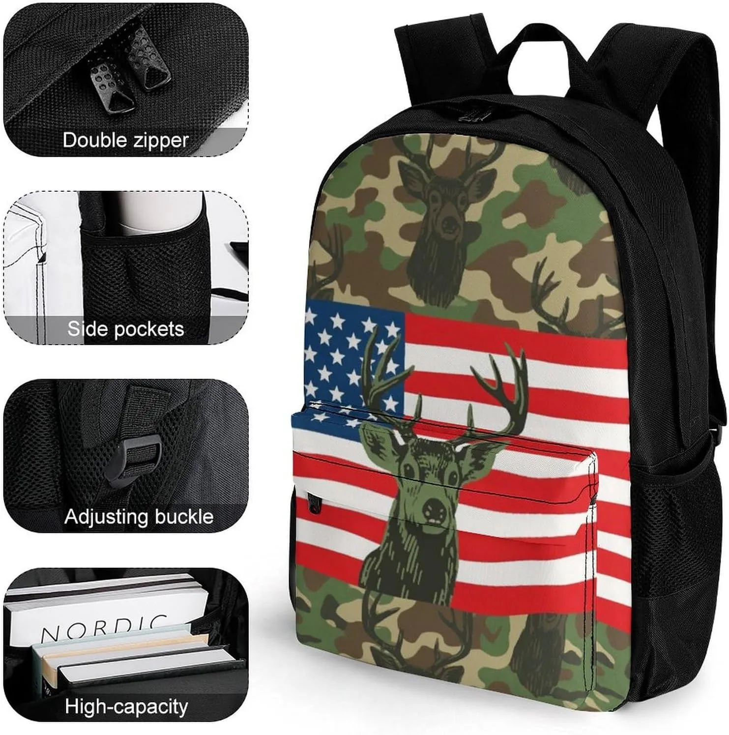 American Flag Camo Deer Camouflage Art Backpack Polyester Multipurpose Anti-Theft Shoulder Bag Big Capacity Gym Outdoor Hiking Backpack With Padded Straps