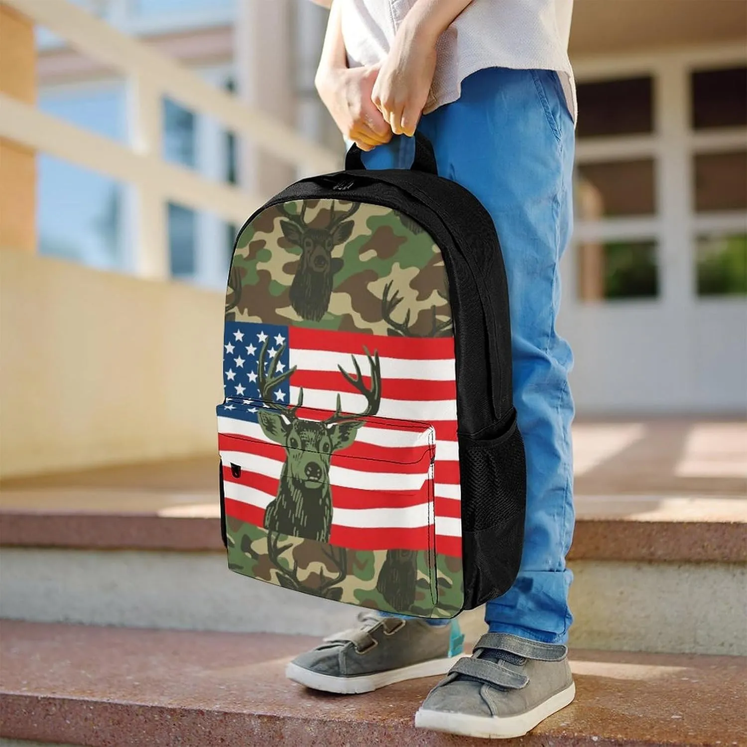 American Flag Camo Deer Camouflage Art Backpack Polyester Multipurpose Anti-Theft Shoulder Bag Big Capacity Gym Outdoor Hiking Backpack With Padded Straps