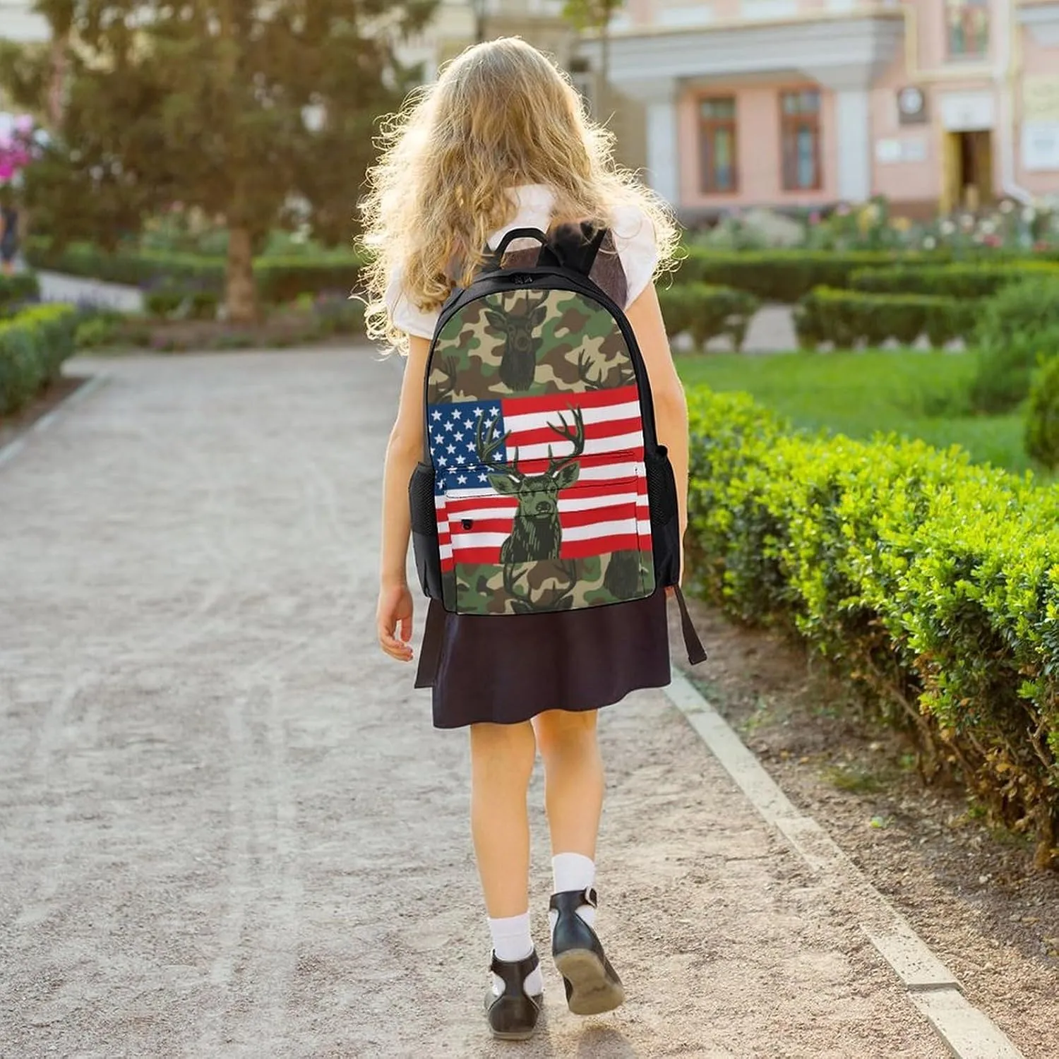 American Flag Camo Deer Camouflage Art Backpack Polyester Multipurpose Anti-Theft Shoulder Bag Big Capacity Gym Outdoor Hiking Backpack With Padded Straps