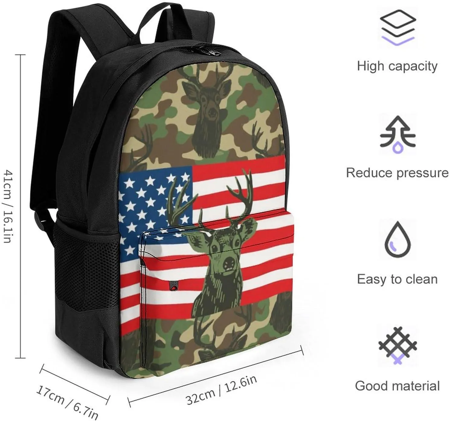 American Flag Camo Deer Camouflage Art Backpack Polyester Multipurpose Anti-Theft Shoulder Bag Big Capacity Gym Outdoor Hiking Backpack With Padded Straps