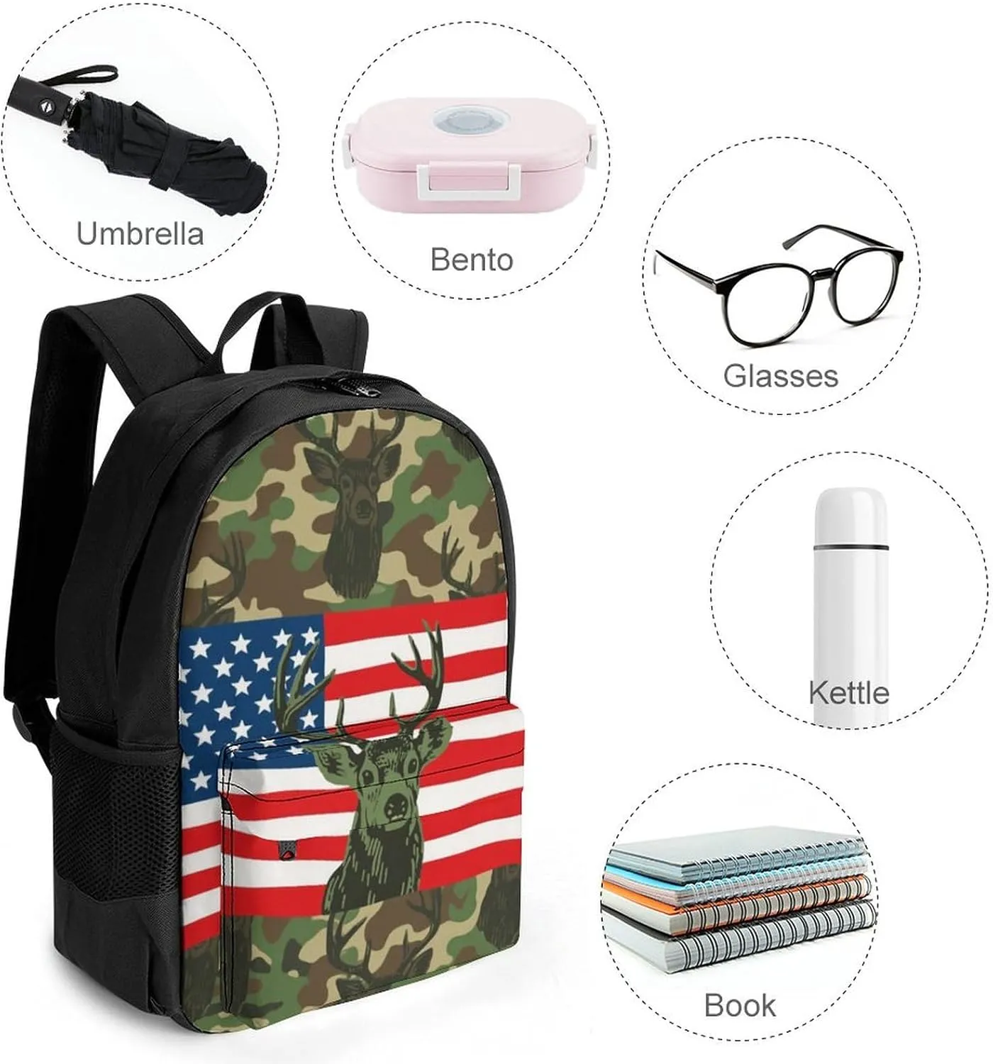 American Flag Camo Deer Camouflage Art Backpack Polyester Multipurpose Anti-Theft Shoulder Bag Big Capacity Gym Outdoor Hiking Backpack With Padded Straps