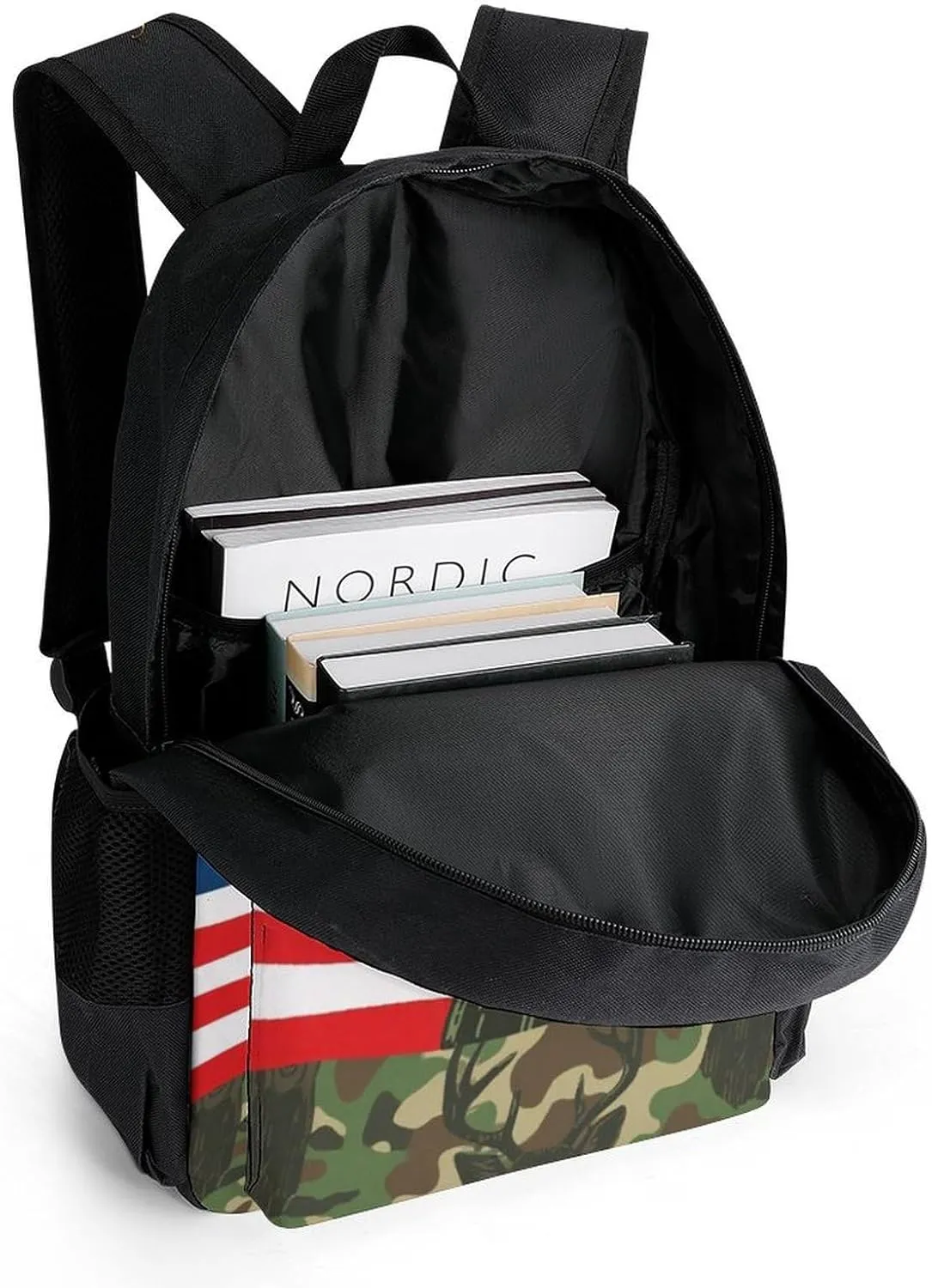 American Flag Camo Deer Camouflage Art Backpack Polyester Multipurpose Anti-Theft Shoulder Bag Big Capacity Gym Outdoor Hiking Backpack With Padded Straps