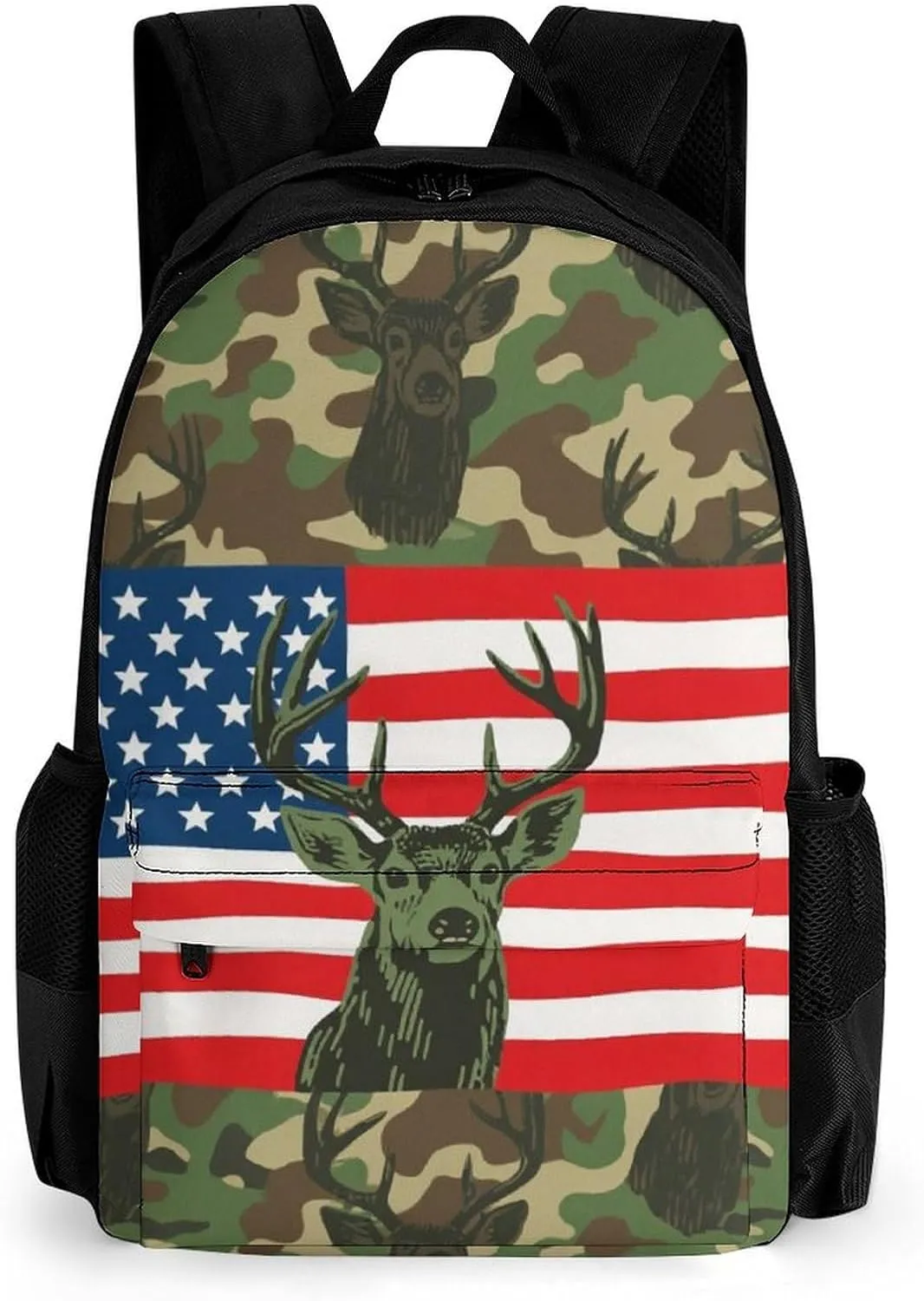 American Flag Camo Deer Camouflage Art Backpack Polyester Multipurpose Anti-Theft Shoulder Bag Big Capacity Gym Outdoor Hiking Backpack With Padded Straps