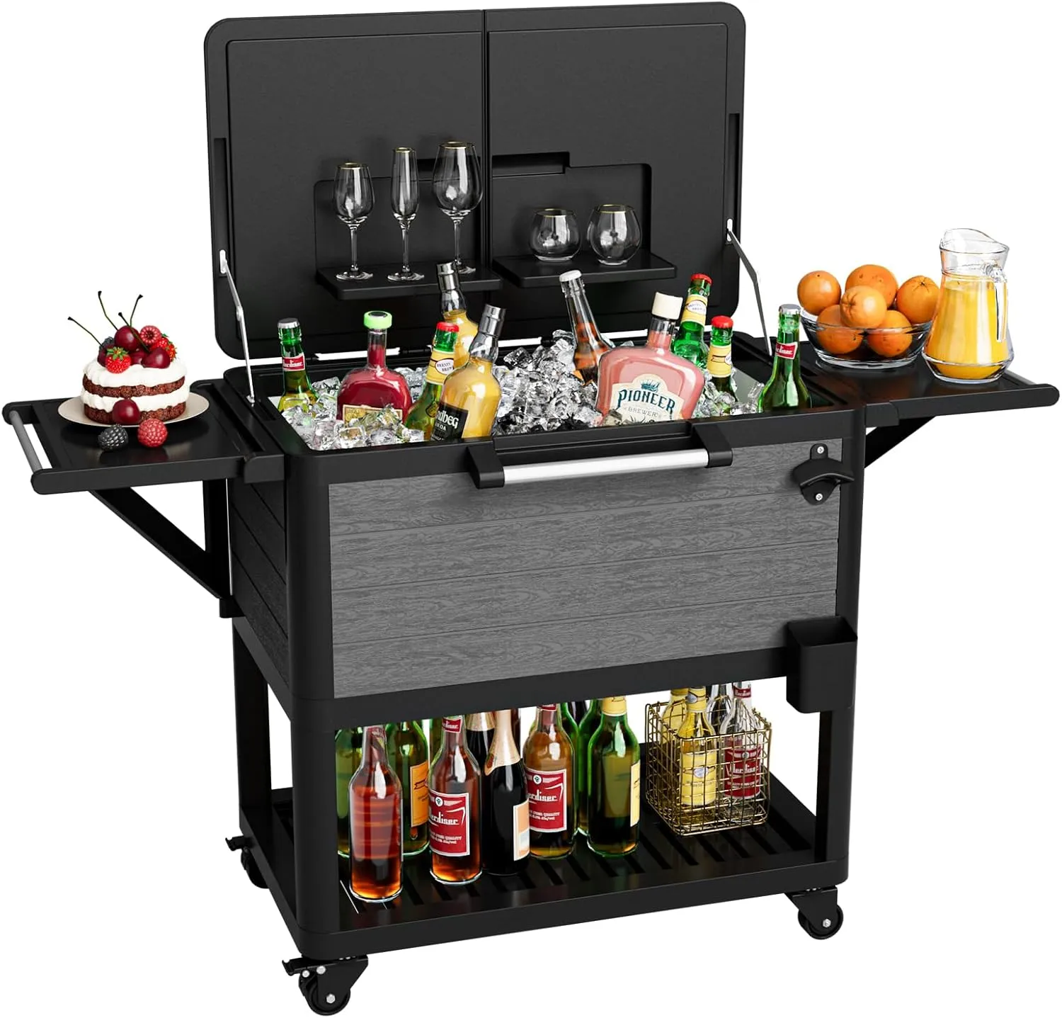 Amopatio 104 Quart Rolling Ice Chest Cooler Cart with Wheels, Portable Mobile Outdoor Cooler Bar Cart with Storage Shelf & Bottle Opener, Patio Cooler for Drinks, Party, Camping, Backyard, Deck, BBQ