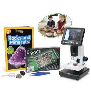 AmScope IQCREW Kid's Premium Portable LCD Color Digital Microscope with Rock and Mineral Collecting Look and Learn Activity Kit