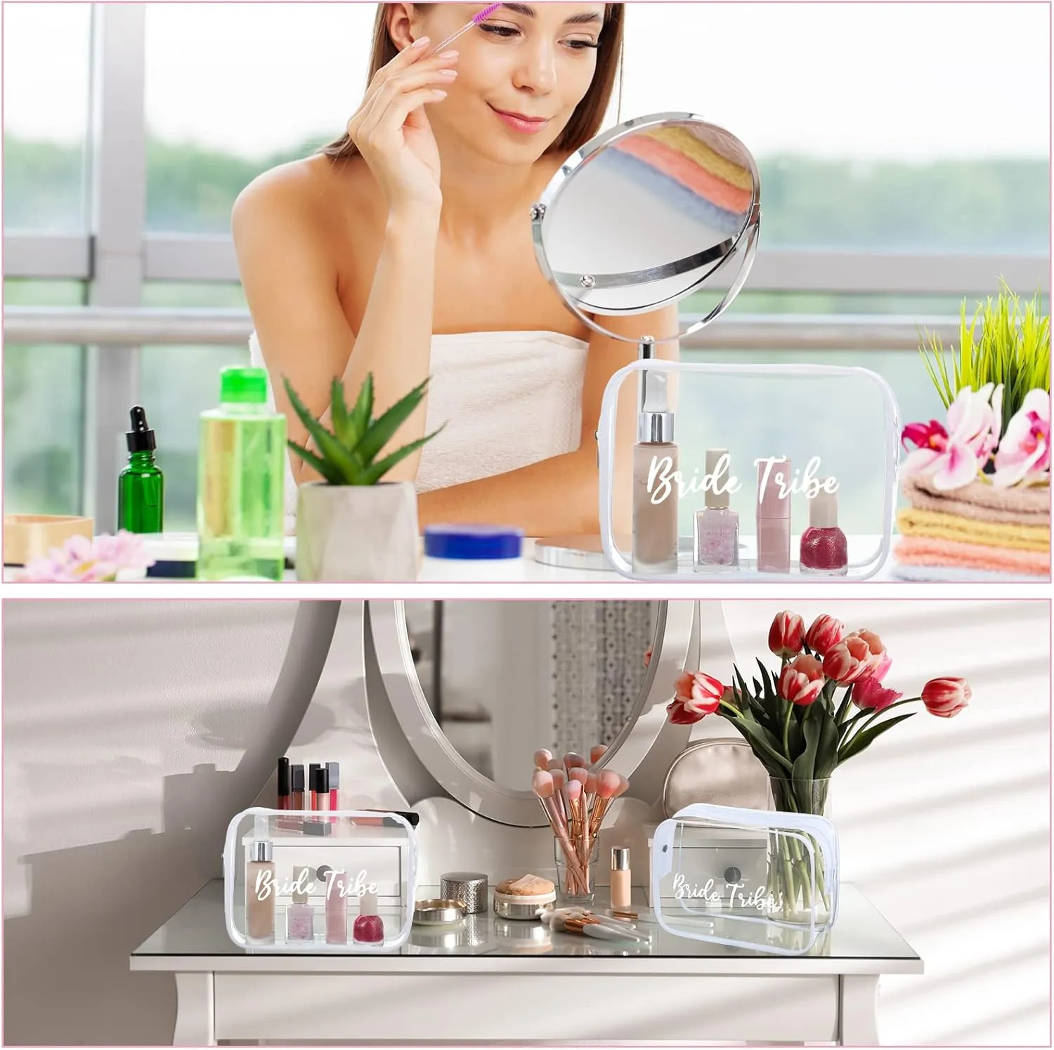Amylove 10 Pcs Bride Cosmetic Bag Clear Makeup Bags Toiletry Makeup Travel Cosmetic Bag Clear PVC Bags for Wedding Party Bridesmaid Proposal Bridal Gift(White)