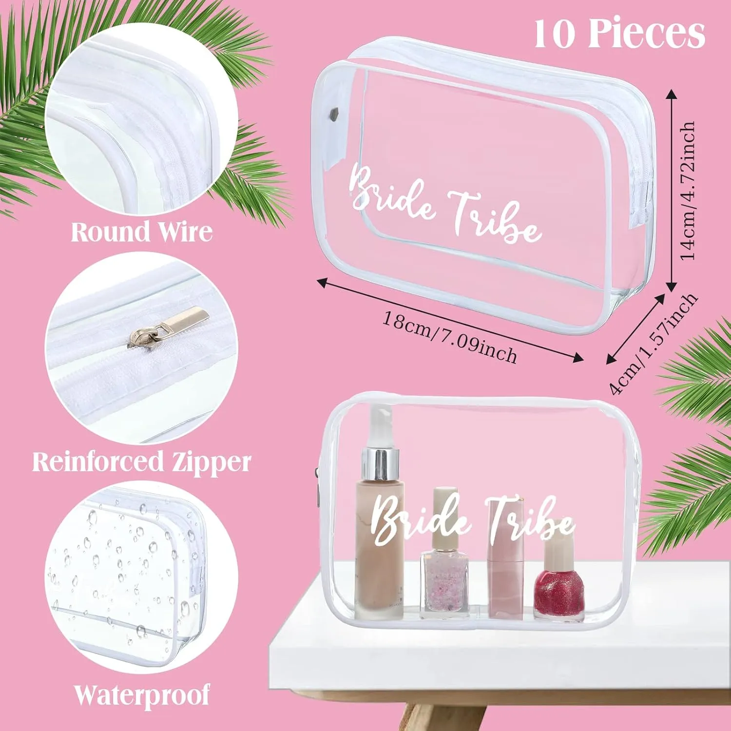 Amylove 10 Pcs Bride Cosmetic Bag Clear Makeup Bags Toiletry Makeup Travel Cosmetic Bag Clear PVC Bags for Wedding Party Bridesmaid Proposal Bridal Gift(White)