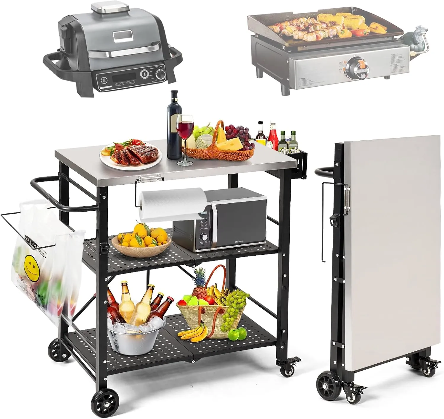 Annualing Portable Outdoor Grill Table,Folding BBQ Cart,Stainless Steel Grill Stand with Two Locking Casters,29×17in,for 17/22in Blackstone Griddle,Ninja Woodfire Stand,Pizza Oven table