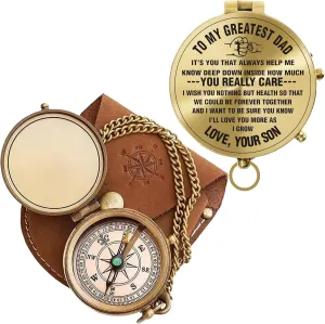 Antique Brass Engraved Compass with Leather Case – Personalized Pocket Compass for to My Dad – Vintage Nautical Gift for Anniversary, and Outdoor Adventures (Polish My Dad-5)