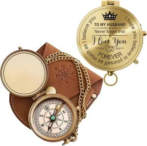 Antique Brass Engraved Compass with Leather Case – to My Husband Personalized Pocket Compass – Vintage Nautical Gift for Anniversary, Birthday & Outdoor Adventures (Polish My Husband-3)