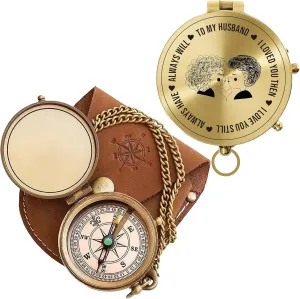 Antique Brass Engraved Compass with Leather Case – to My Husband Personalized Pocket Compass – Vintage Nautical Gift for Anniversary, Birthday & Outdoor Adventures (Polish My Husband-5)