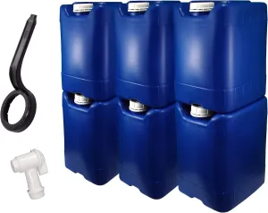 API Kirk Containers 5 Gallon Samson Stackers, Blue, 6 Pack (30 Gallons), Emergency Water Storage Kit - New! - Clean! - Boxed! Kit Includes one Spigot & Wrench
