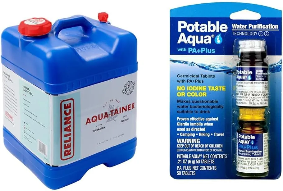 Aqua-Tainer 7 Gallon Rigid Water Container & Potable Aqua Water Purification Tablets with PA Plus