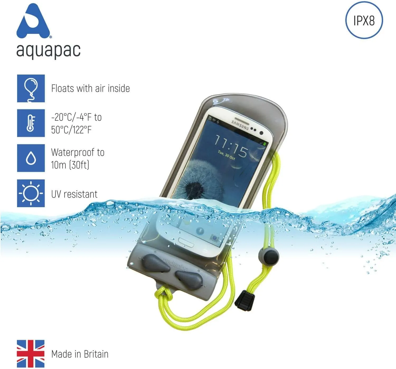Aquapac Waterproof Phone Case, Medium, Grey, Lanyard, iPhone and Android, Made in The UK, Hiking, Mountain Biking, Running Accessory, Travel Essential, 5 Year Warranty. IPX8 Certified to 30 ft deep.