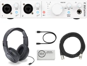 Arturia MiniFuse 2 Portable 2x2 USB Type-C Audio/MIDI Interface | White Bundle with 20ft XLR Microphone Cable   Over-Ear Stereo Headphones   Microfiber Cleaning Cloth (4 Items)