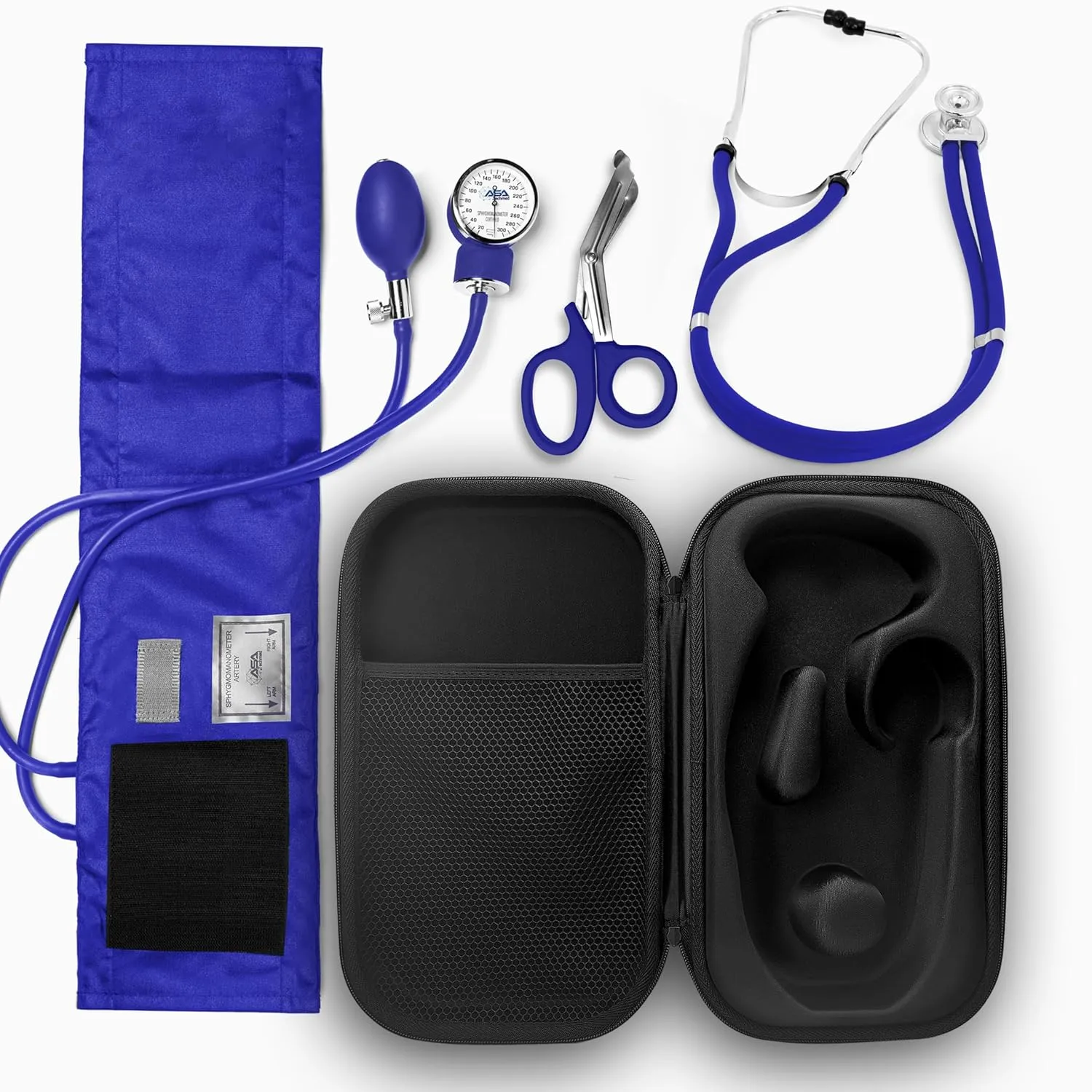 ASA TECHMED Medical Starter Kit - Stethoscope, Durable Blood Pressure Monitor, and EMT Shears and Protective Carrying Case Ideal for Healthcare Professionals, Blue