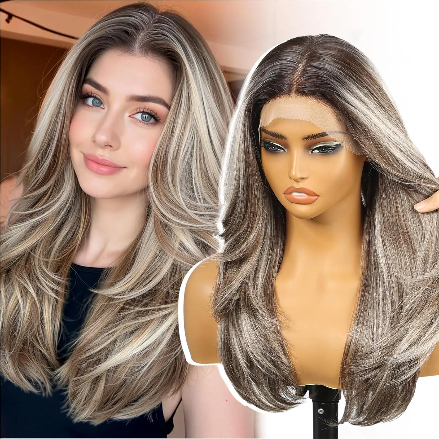 Ash Brown Synthetic Lace Front Wig,13X6 Long Straight Layered Glueless Wigs for Women Daily Use 24IN（#TTF4/606）
