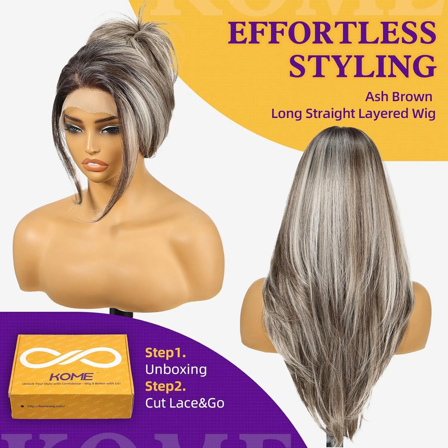 Ash Brown Synthetic Lace Front Wig,13X6 Long Straight Layered Glueless Wigs for Women Daily Use 24IN（#TTF4/606）