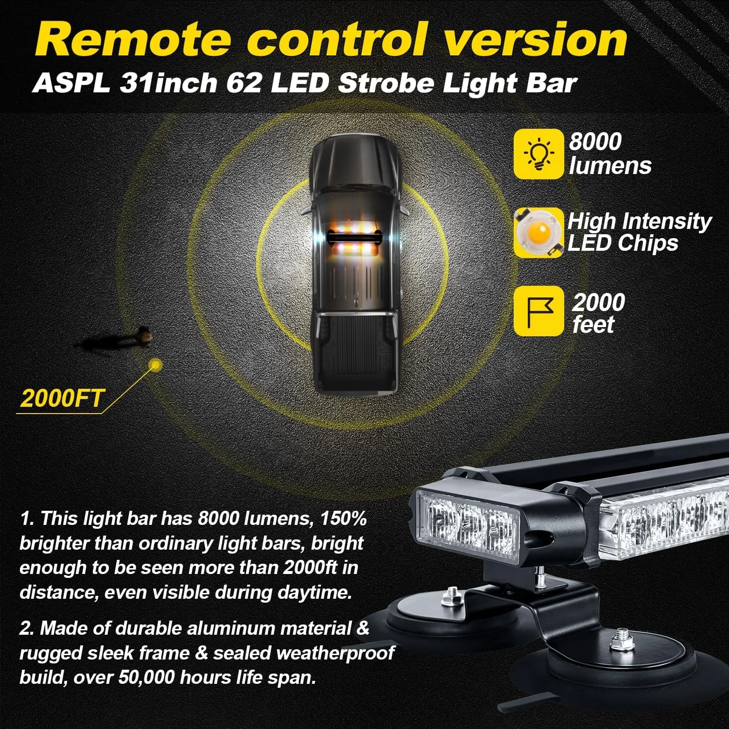 ASPL 31" 62 LED Strobe Light Bar with Remote Control Double Side Flashing Emergency Warning Flash Strobe Light with 28 Strong Magnets for Safety Construction Vehicles Tow Trucks Pickup (Amber/White)