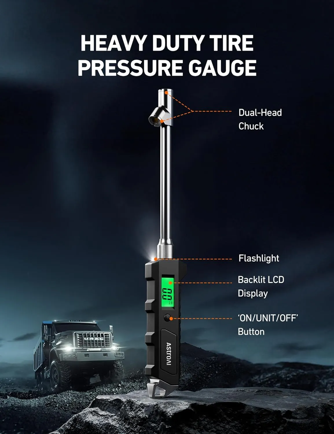 AstroAI Digital Tire Pressure Gauge 230 PSI Heavy Duty Dual Head Stainless Steel Made for Truck and RV with Backlit LCD and Flashlight Car Accessories