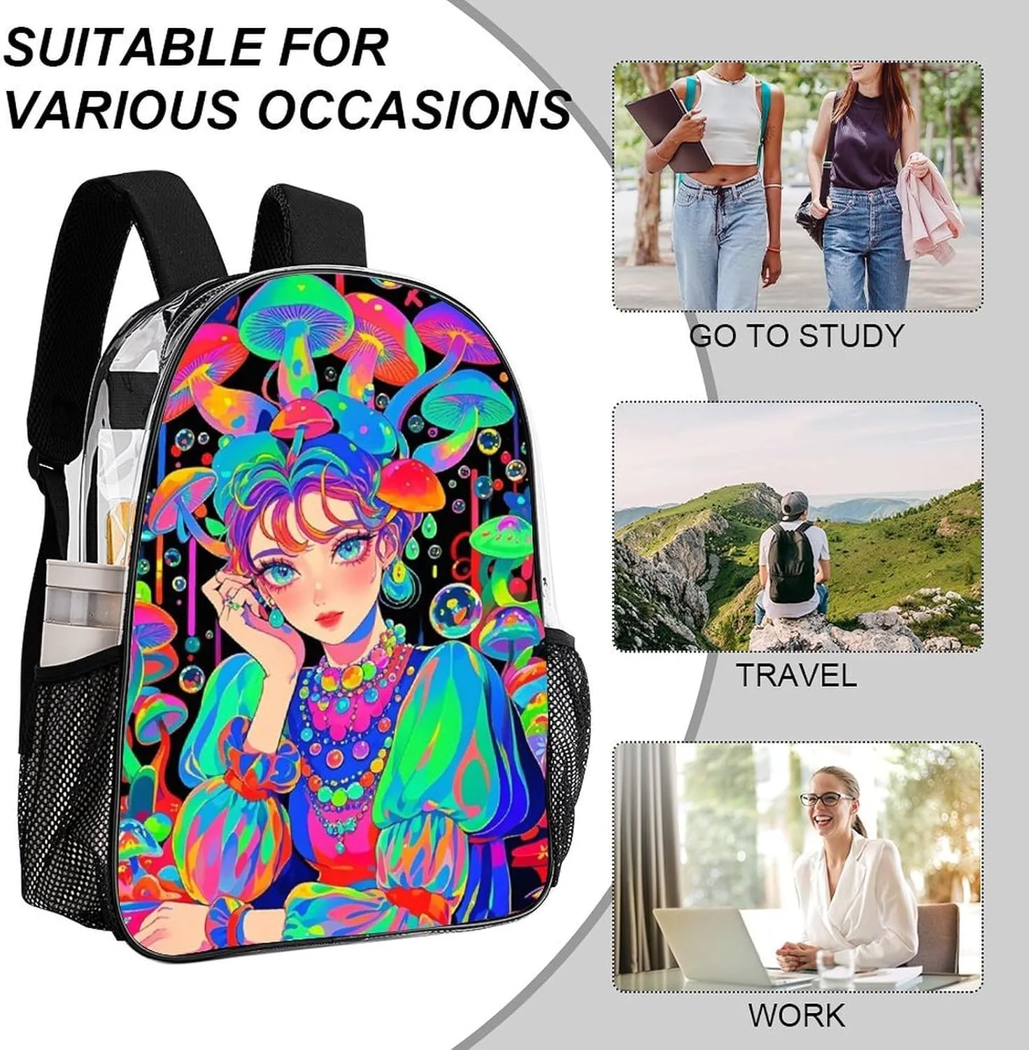 Backpack Anti-Theft Multipurpose Large Capacity Carry On Bag - Fantasy Gothic Women Mushroom Dazzling Art Camping Outdoor Backpack Transparent Bag